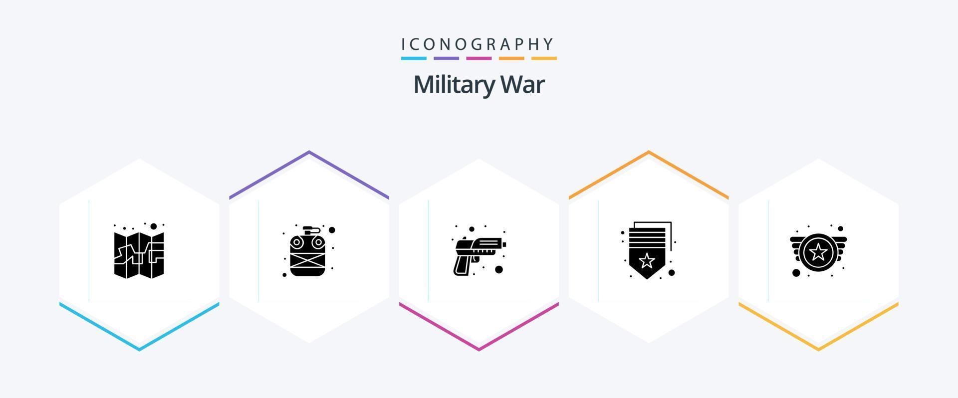 pack d'icônes de glyphes de guerre militaire 25 comprenant un badge. militaire. arme à feu. chevron. bras vecteur