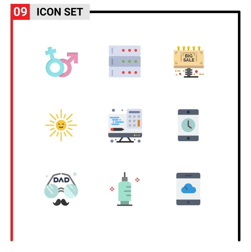 ensemble de pictogrammes de 9 couleurs plates simples d'informations sur le printemps de l'ordinateur éléments de conception vectoriels modifiables par la luminosité du soleil vecteur