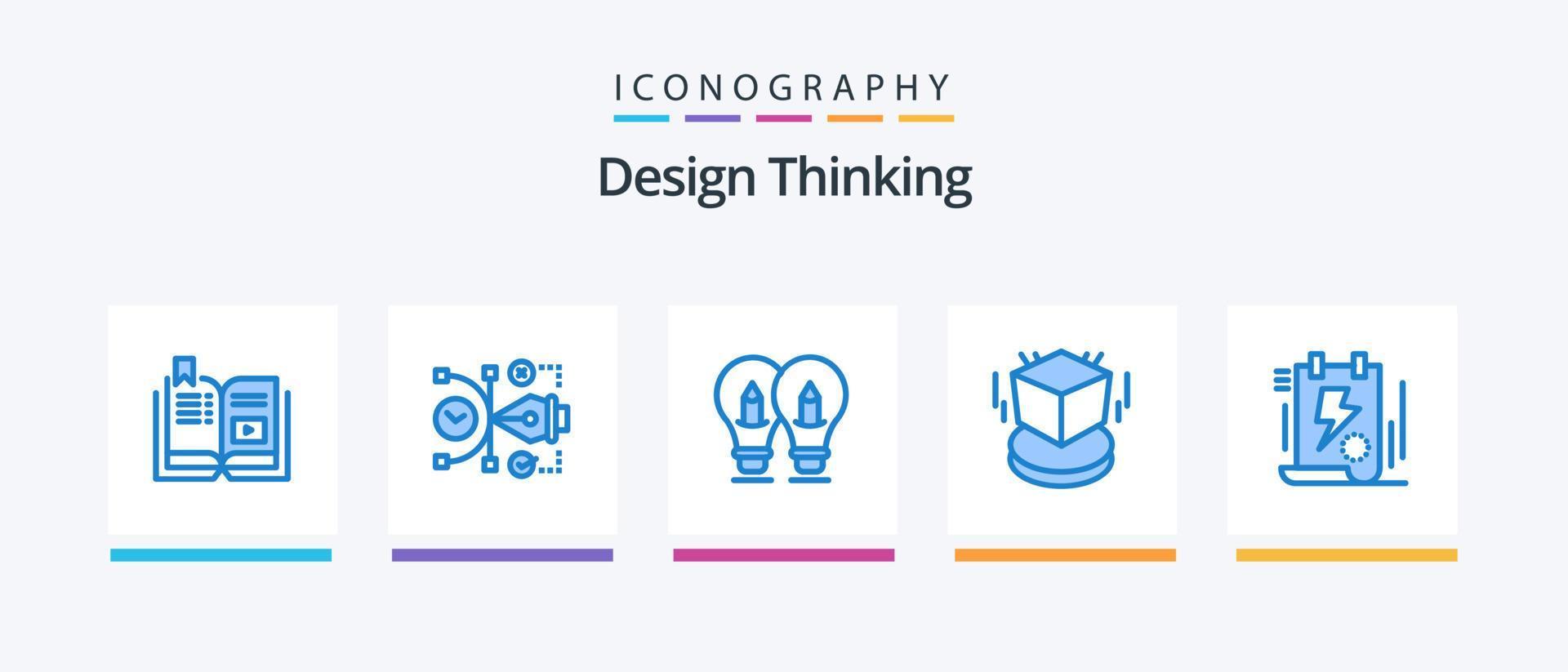 pack d'icônes bleues 5 design thinking, y compris le cube. 3d. numérique. lumière. Solution. conception d'icônes créatives vecteur