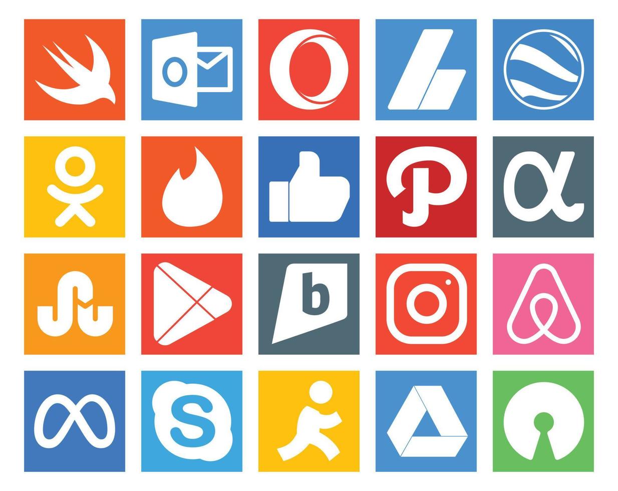 pack de 20 icônes de médias sociaux, y compris méta instagram comme brightkite google play vecteur