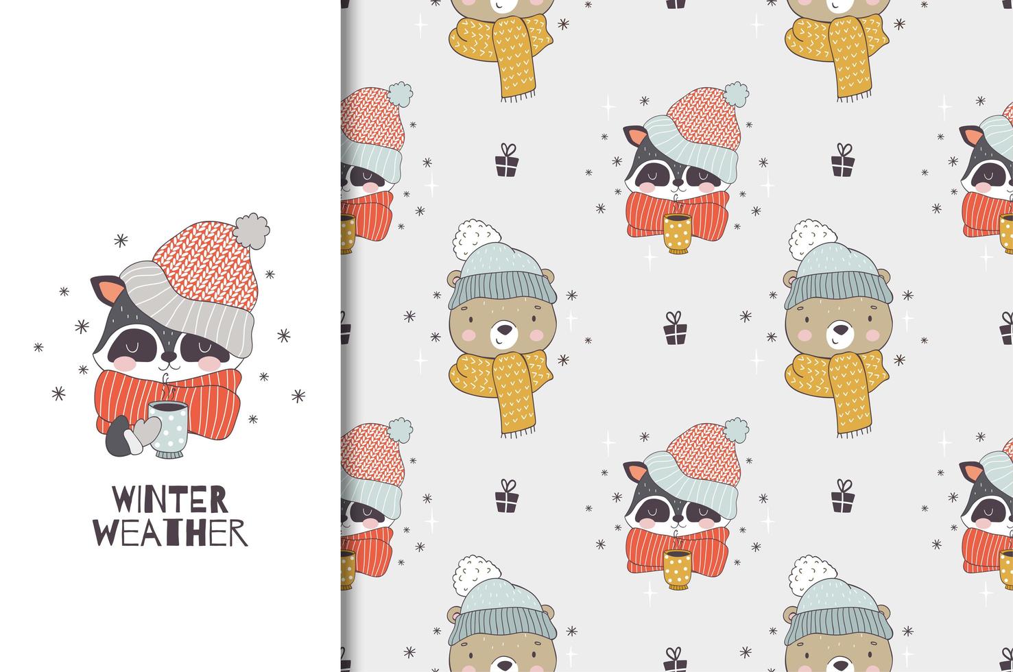 animal de dessin animé en hiver porte un bonnet et une écharpe tricotés. personnages de raton laveur et ours. carte d'hiver et motif de fond transparent. vecteur