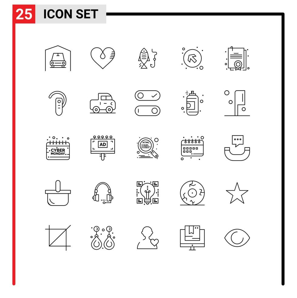 ligne d'interface mobile ensemble de 25 pictogrammes de degré gauche pêche vers le haut éléments de conception vectoriels modifiables vecteur