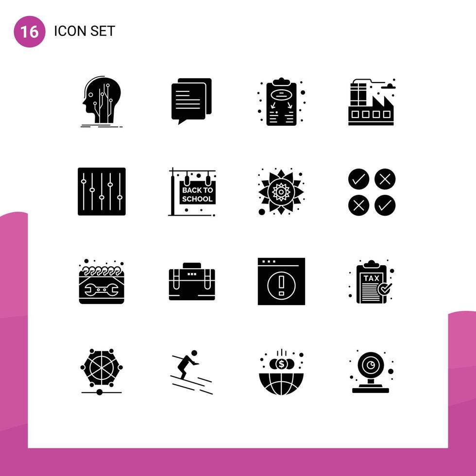 symboles d'icônes universels groupe de 16 glyphes solides modernes d'appareils plan d'affaires d'usine schéma de vie éléments de conception vectoriels modifiables vecteur