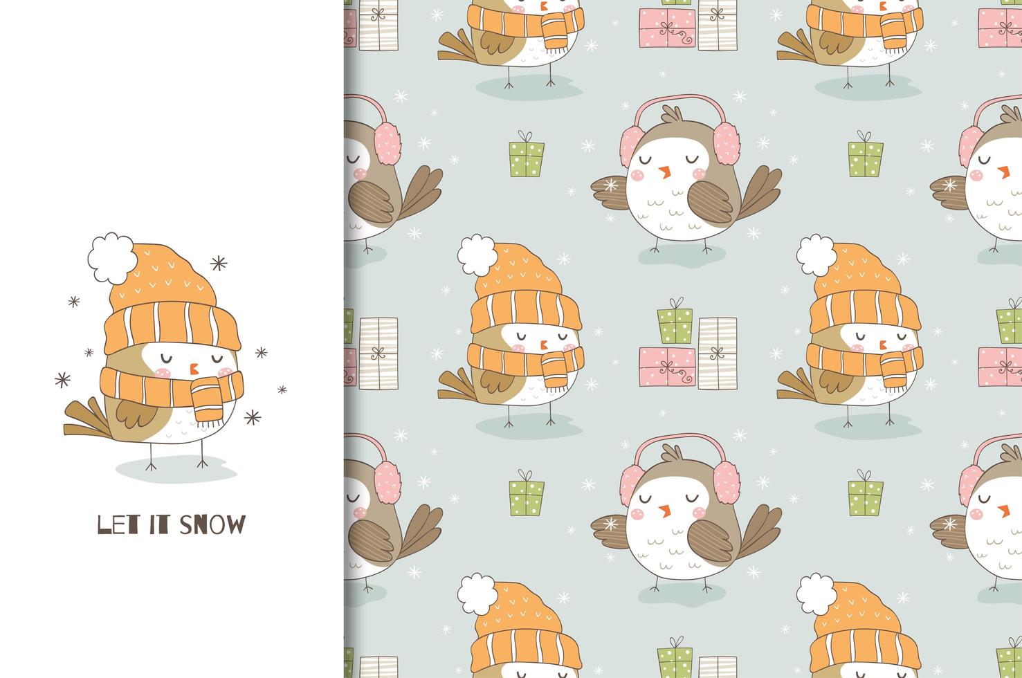 oiseau de dessin animé mignon en bonnet tricoté et écharpe. carte de Noël et motif de fond transparent. vecteur
