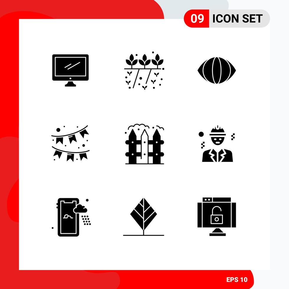 pack de 9 glyphes solides créatifs d'éléments de conception vectoriels modifiables de célébration d'ornement de ferme de clôture vecteur