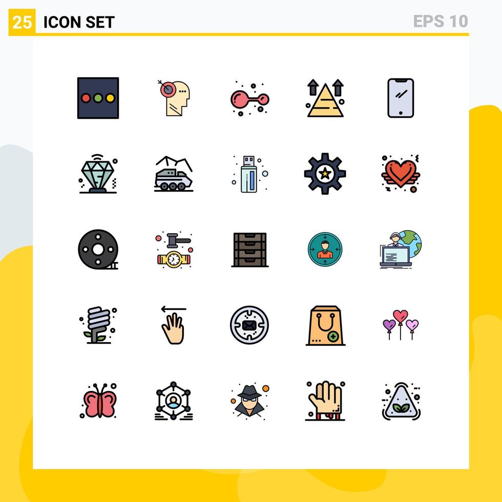 ensemble moderne de 25 couleurs et symboles plats en ligne pleine tels que les éléments de conception vectorielle modifiables de la flèche supérieure de la molécule de téléphone mobile vecteur