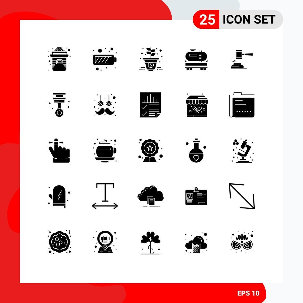 pack de 25 signes et symboles de glyphes solides modernes pour les supports d'impression Web tels que les éléments de conception vectoriels modifiables de camion de pétrole de croissance de construction d'enchères vecteur