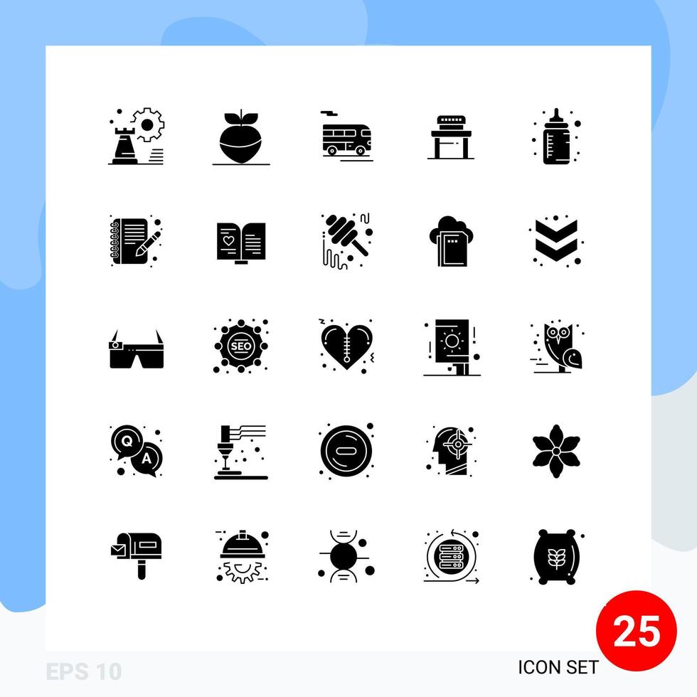 25 concept de glyphe solide pour les sites Web mobiles et les applications d'alimentation chaise d'autobus scolaire bureau éléments de conception vectoriels modifiables vecteur
