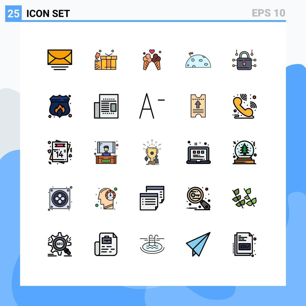 interface mobile ligne remplie couleur plate ensemble de 25 pictogrammes d'éléments de conception vectoriels modifiables de la planète lune crème glacée drapeau louck vecteur