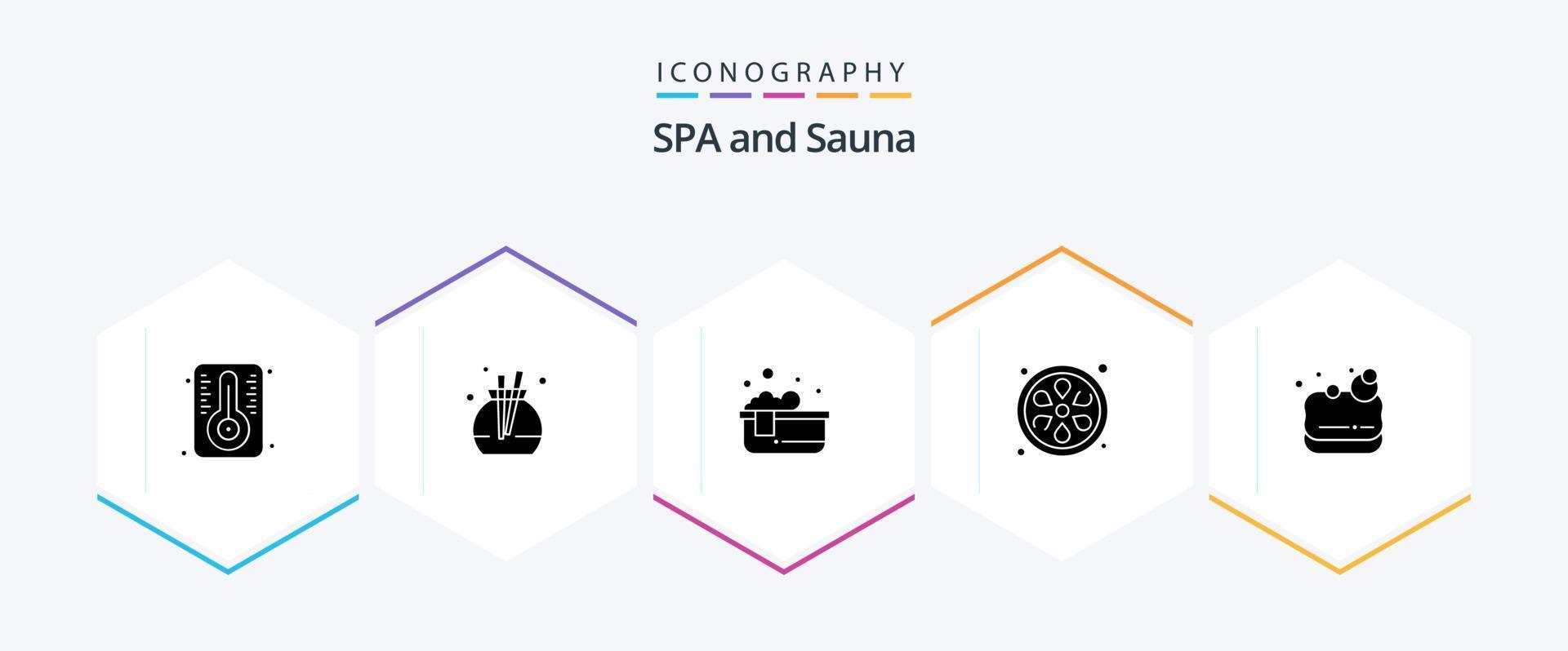 pack d'icônes sauna 25 glyphes comprenant. lotus. jacuzzi. sauna. lotus vecteur