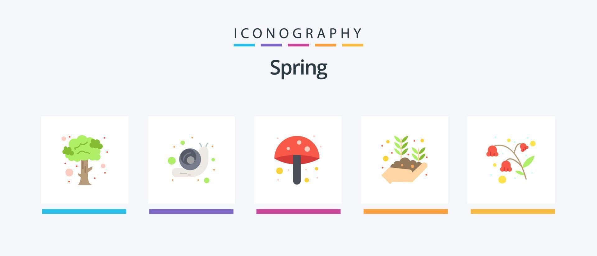 pack d'icônes printemps plat 5, y compris le jardin. Pâques. champignon. main qui grandit. plante. conception d'icônes créatives vecteur