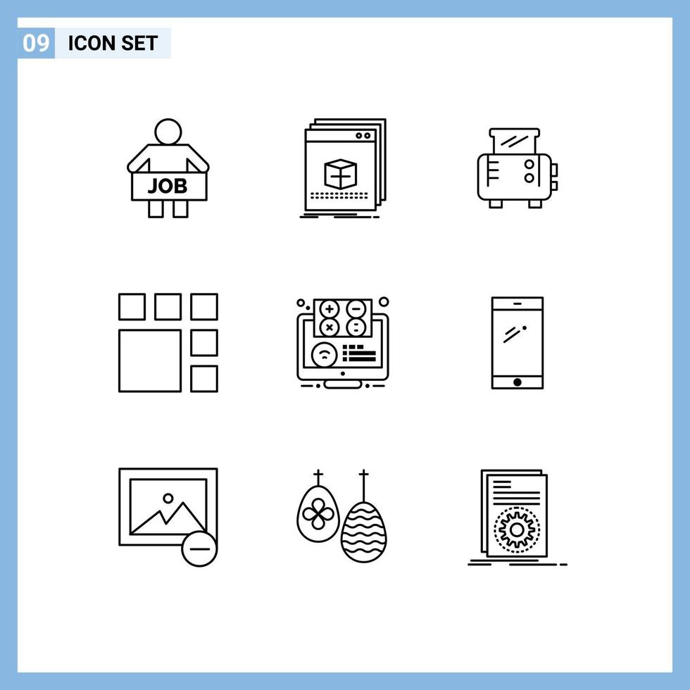 symboles d'icônes universels groupe de 9 contours modernes d'éléments de conception vectoriels modifiables de grille-pain de cadre de fichier d'image elearning vecteur