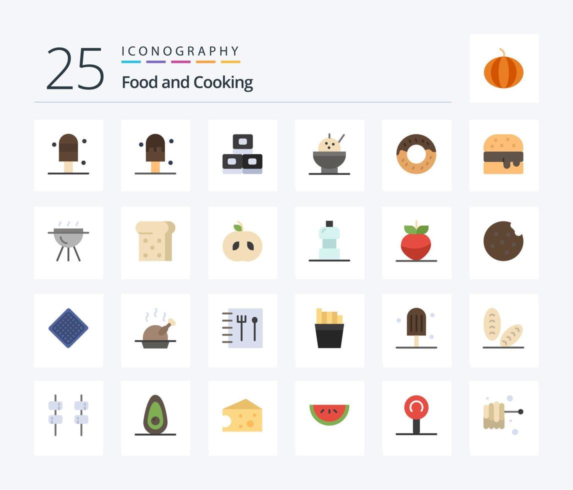 pack d'icônes de couleur plate de 25 aliments, y compris la nourriture. pain grillé. Donut. pain. un barbecue vecteur