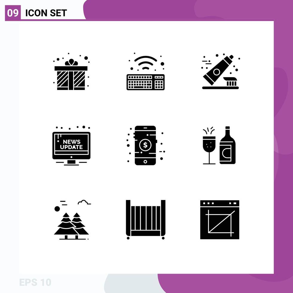 interface mobile glyphe solide ensemble de 9 pictogrammes de mise à jour en ligne brosse à dents informations publiques éléments de conception vectoriels modifiables vecteur