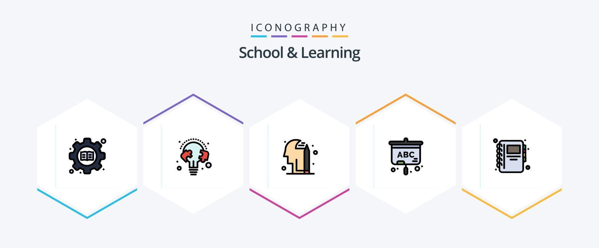 pack d'icônes de 25 lignes remplies pour l'école et l'apprentissage, y compris le bloc-notes. éducation. ampoule. éducation. projecteur vecteur