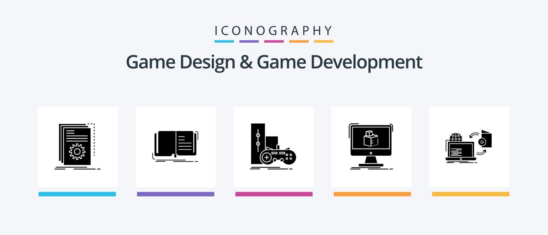 pack d'icônes glyphe 5 de conception de jeux et de développement de jeux, y compris dimensionnel. 3d. récit. station de jeu. manette. conception d'icônes créatives vecteur