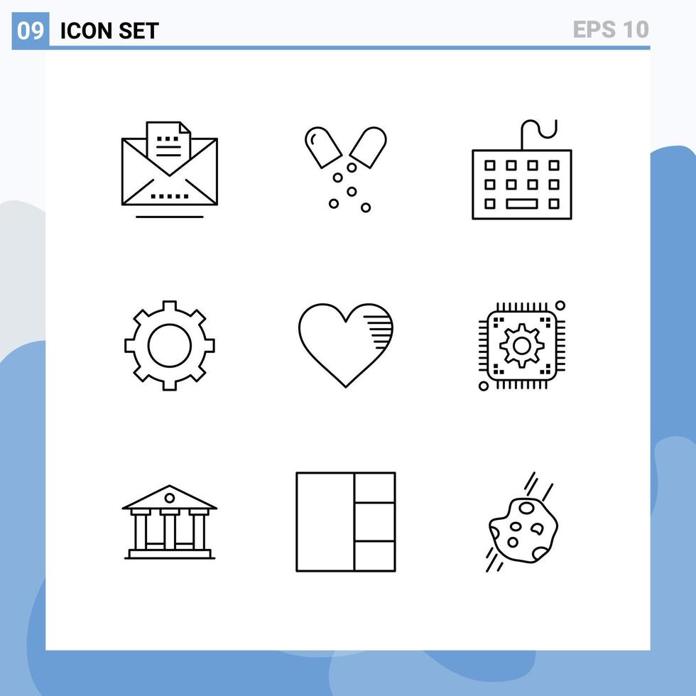 9 signes de contour universels symboles d'amour engrenage ordinateur réglage clavier éléments de conception vectoriels modifiables vecteur
