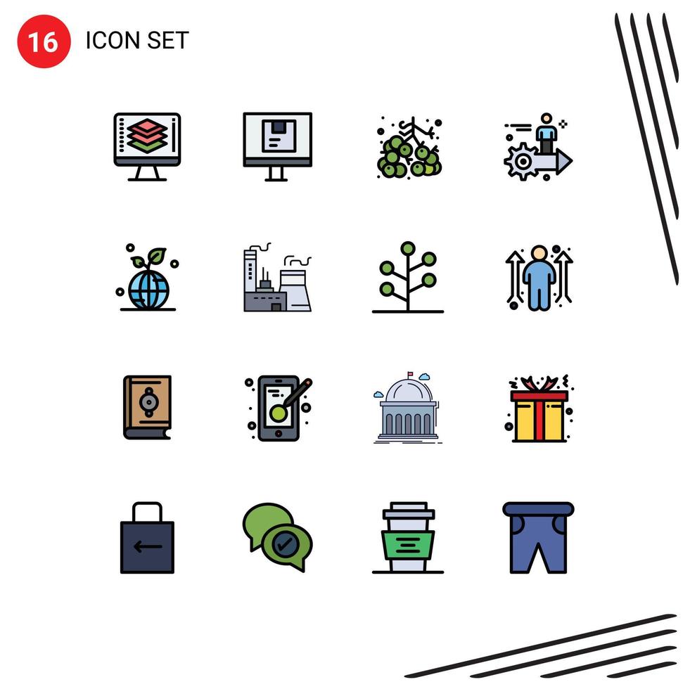 interface mobile ligne remplie de couleurs plates ensemble de 16 pictogrammes d'homme flèche expédition engrenage fruits éléments de conception vectoriels créatifs modifiables vecteur
