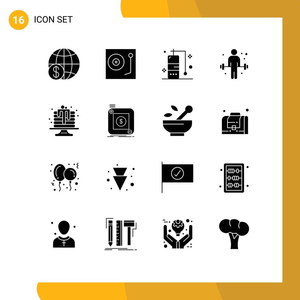 interface mobile glyphe solide ensemble de 16 pictogrammes d'exercice de plateau tournant de sport de cuisson vacances éléments de conception vectoriels modifiables vecteur