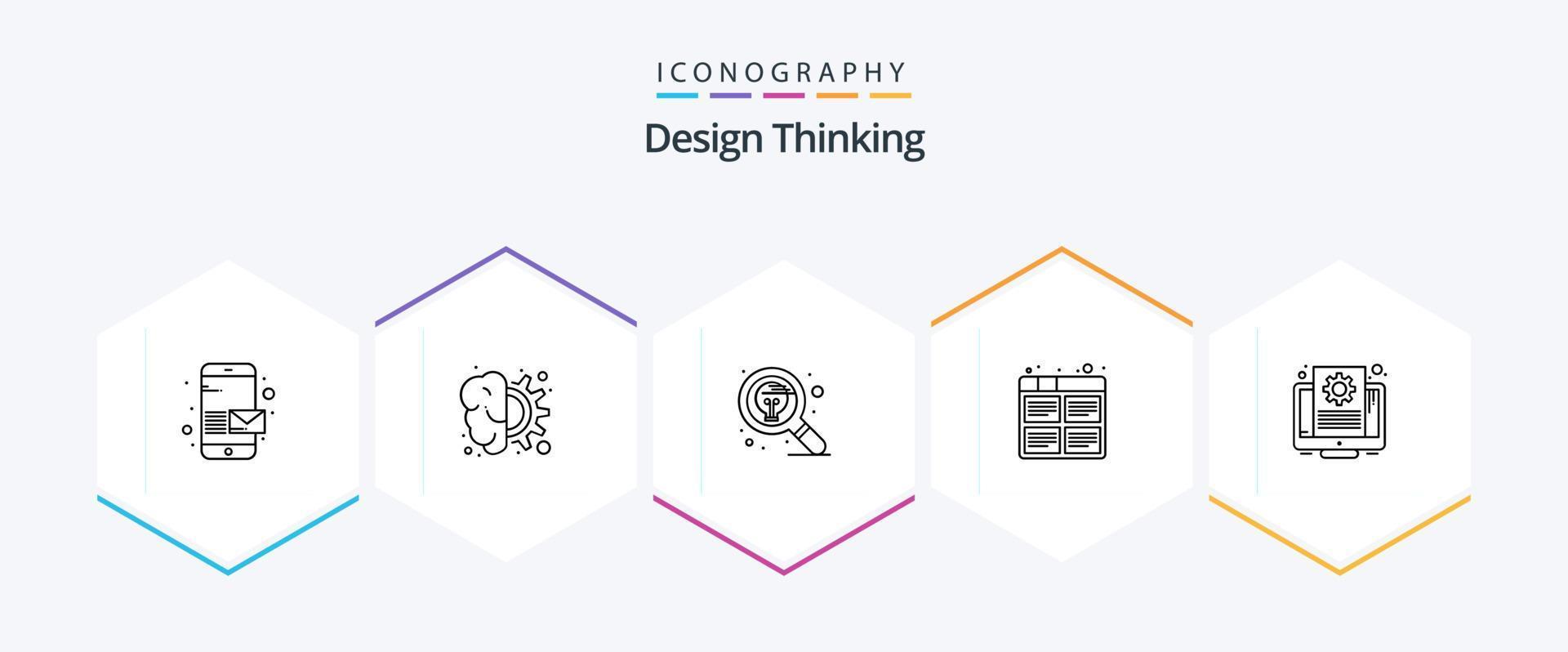 design thinking pack d'icônes de 25 lignes comprenant le processus. film. en pensant. planche. recherche vecteur