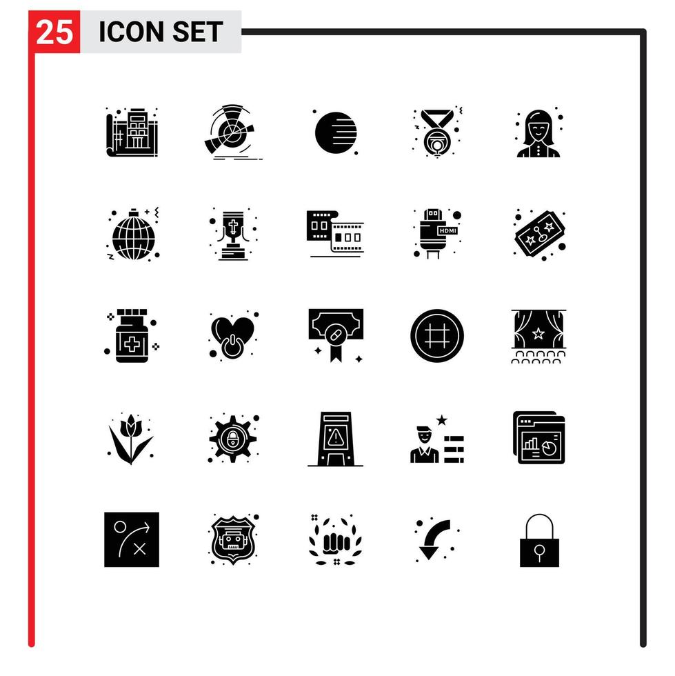 interface mobile glyphe solide ensemble de 25 pictogrammes d'éléments de conception vectoriels modifiables de l'espace de la médaille du gagnant numérique vecteur