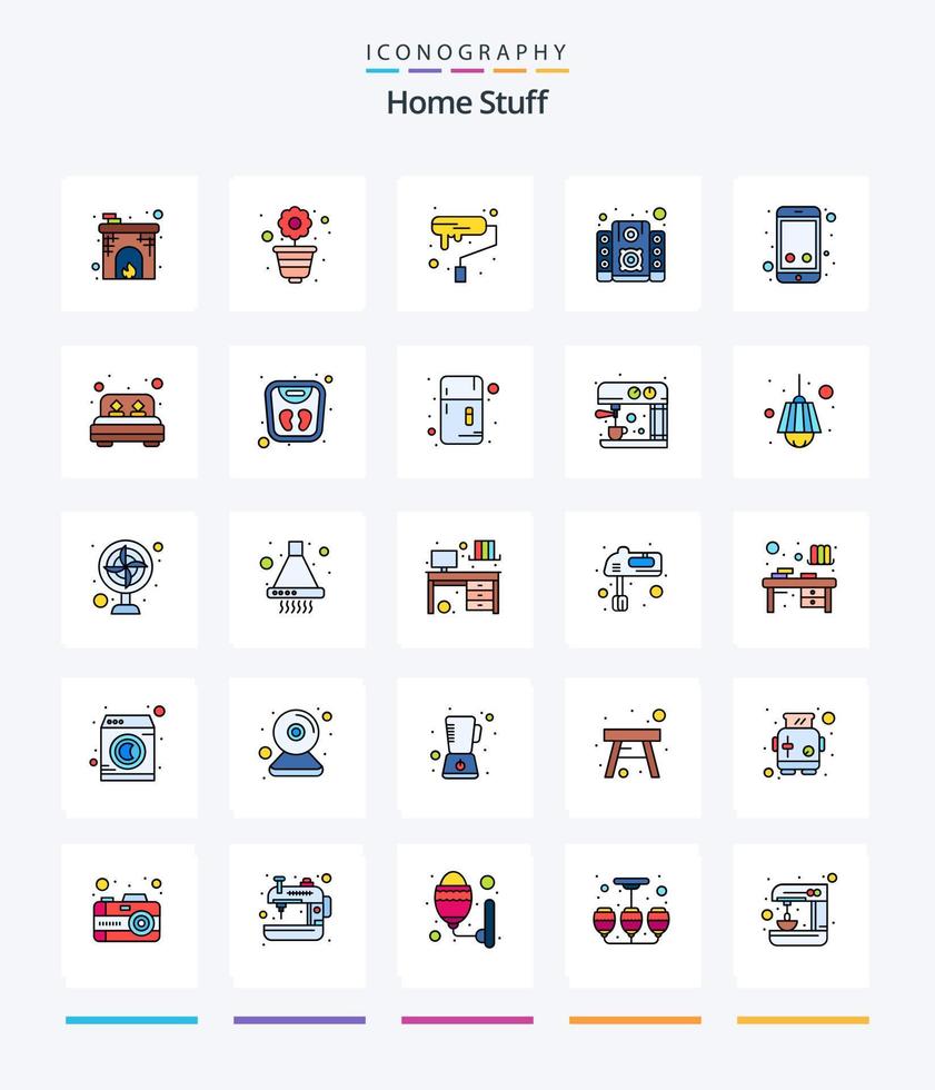 Creative Home Stuff Pack d'icônes remplies de 25 lignes telles que le téléphone. systeme audio. décoration. du son. musique vecteur