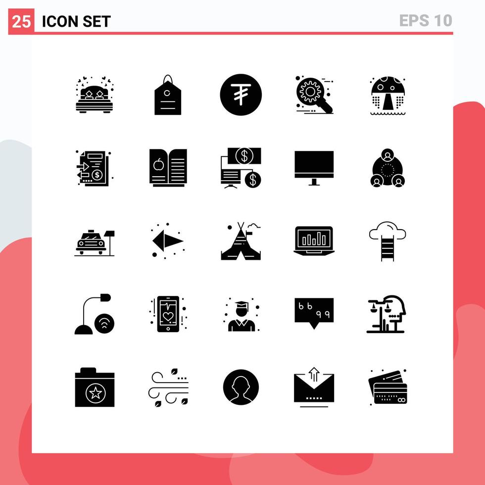 interface mobile glyphe solide ensemble de 25 pictogrammes d'eau de champignon tugrik réglage développement éléments de conception vectoriels modifiables vecteur