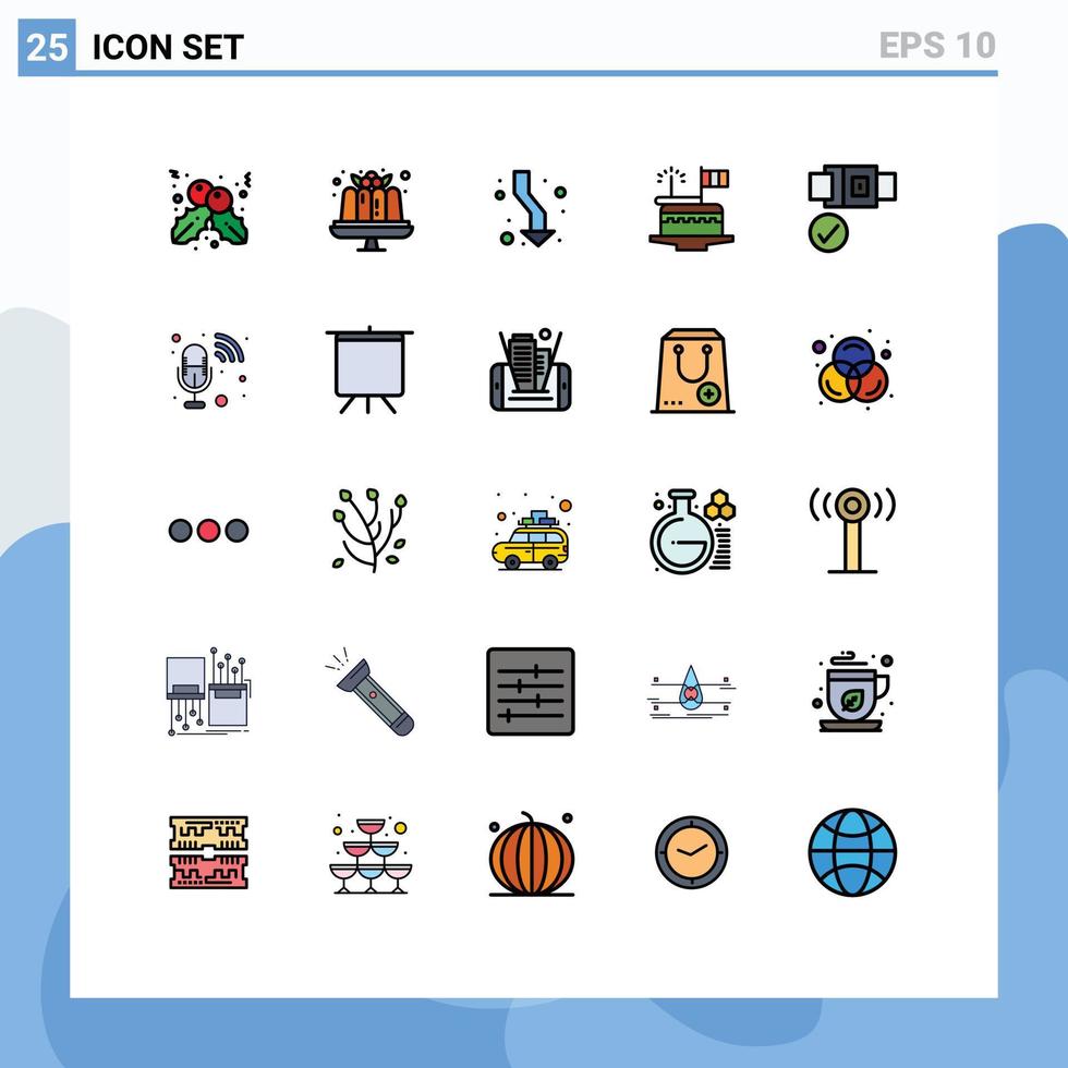 ensemble moderne de 25 couleurs et symboles plats en ligne remplis tels que des éléments de conception vectoriels modifiables de gâteau de jour de flèches de festival de ceinture vecteur