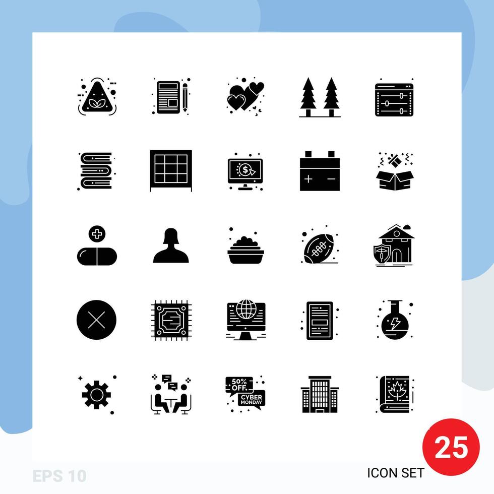 ensemble de 25 glyphes solides vectoriels sur la grille pour les options web arbre coeur parc divertissement éléments de conception vectoriels modifiables vecteur