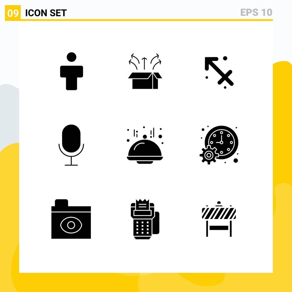 9 concept de glyphe solide pour les sites Web mobiles et applications produit d'enregistrement alimentaire microphone grèce éléments de conception vectoriels modifiables vecteur
