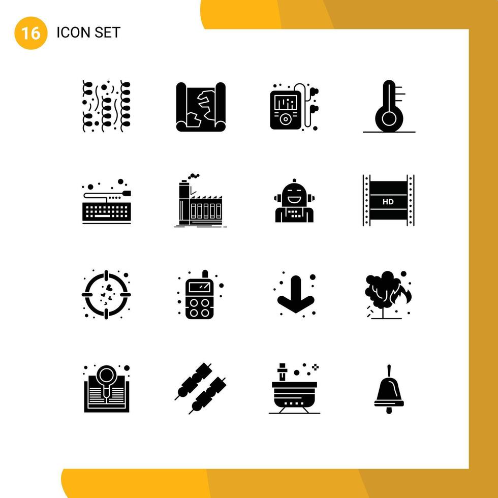 16 pack de glyphes solides d'interface utilisateur de signes et symboles modernes d'éléments de conception vectoriels modifiables de thermomètre de carte multimédia de clé de clavier vecteur