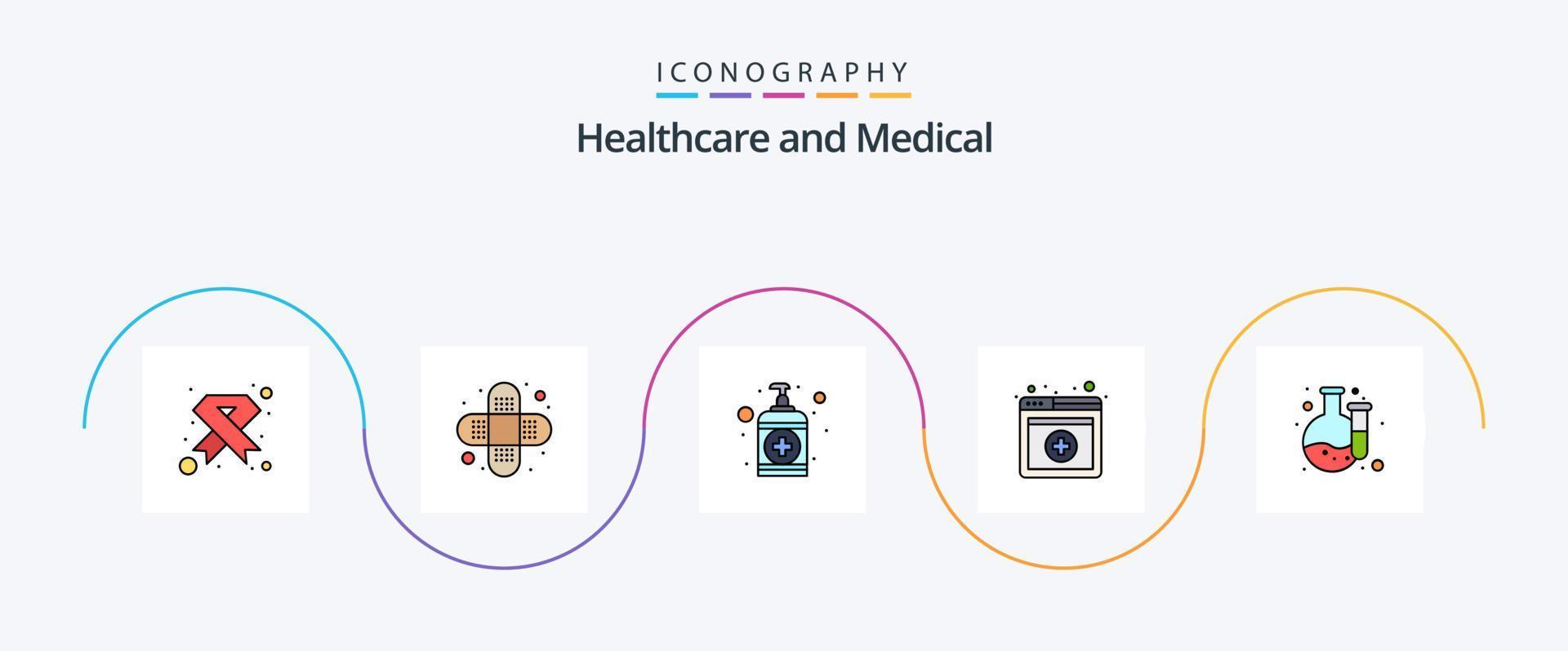 pack d'icônes plat rempli de 5 lignes médicales, y compris le laboratoire. chimique. main. prestations de service. médical vecteur