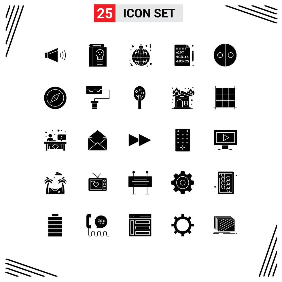 interface mobile glyphe solide ensemble de 25 pictogrammes d'égalité assurance légende santé lampe éléments de conception vectoriels modifiables vecteur