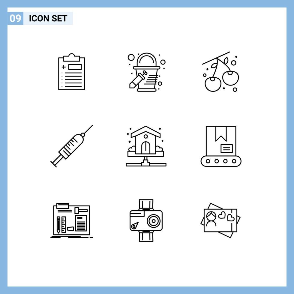 9 ensemble de contours d'interface utilisateur de signes et symboles modernes d'éléments de conception vectoriels modifiables de vaccin de tir de cerise de maison de plombier vecteur