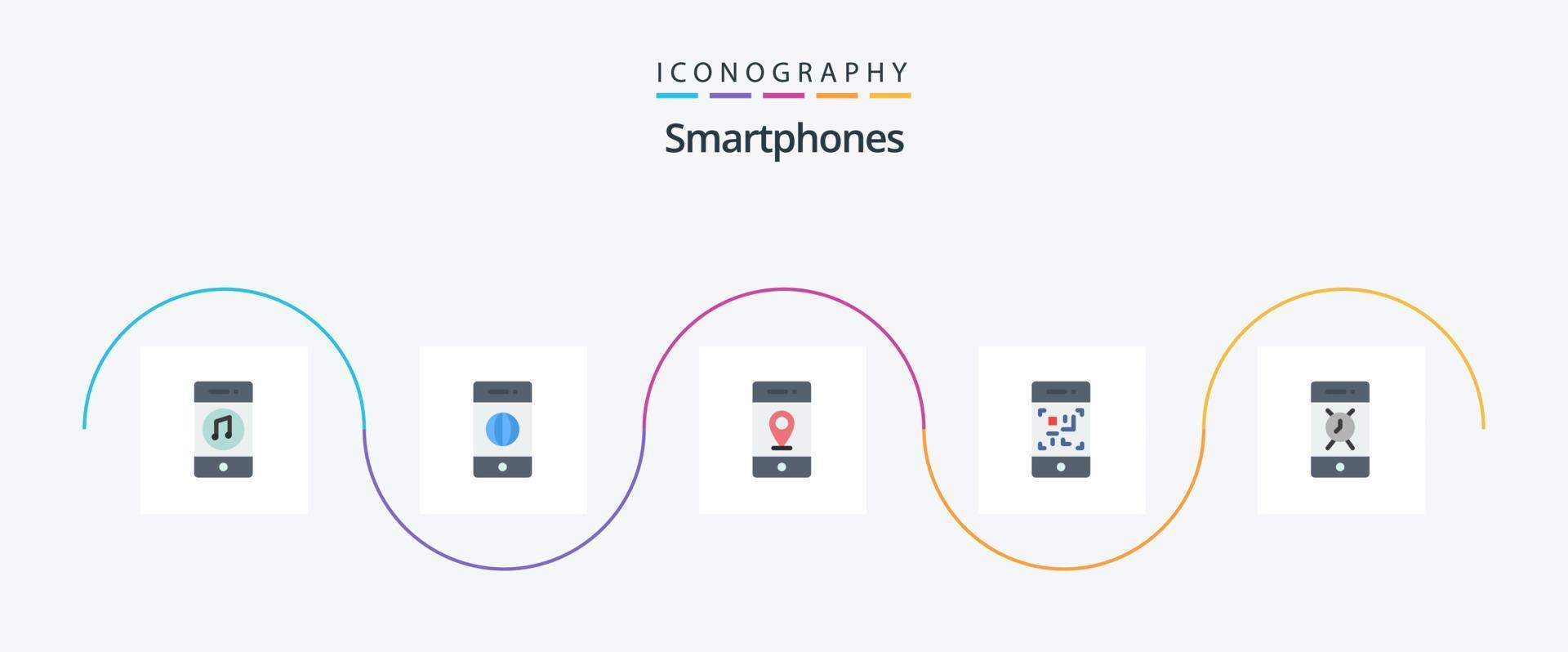 pack d'icônes plat 5 pour smartphones, y compris l'alarme. scanner. monde. téléphone fixe. panneaux vecteur