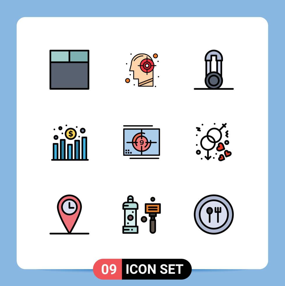 interface mobile filledline couleur plate ensemble de 9 pictogrammes de nombres augmentation des revenus de la broche de film éléments de conception vectoriels modifiables vecteur