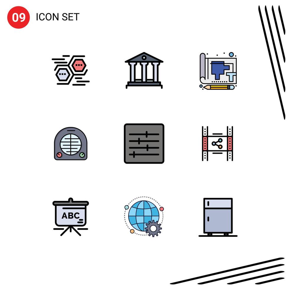 ensemble moderne de 9 couleurs et symboles plats remplis tels que des éléments de conception vectoriels modifiables de papier de ventilateur d'argent de chauffage domestique vecteur