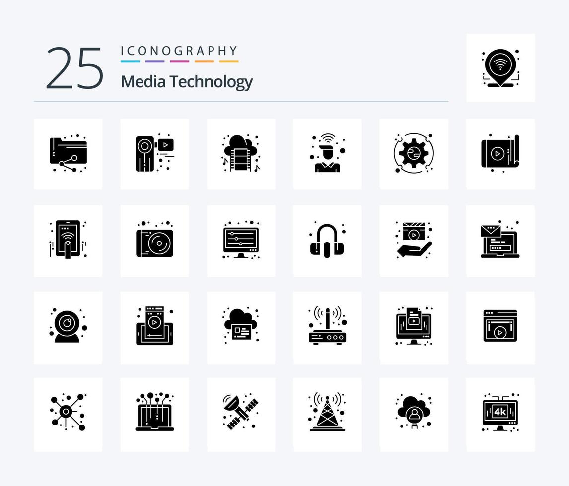 pack d'icônes de 25 glyphes solides de la technologie multimédia, y compris le wifi. signal. film. au. musique vecteur