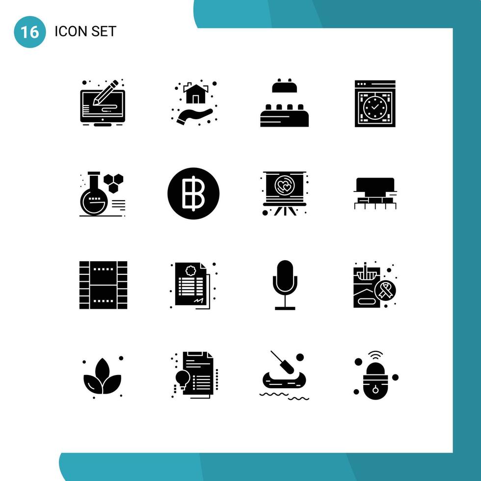 ensemble moderne de 16 pictogrammes de glyphes solides d'éléments de conception vectoriels modifiables par ordinateur de dispositif d'abri de montre de chimie vecteur