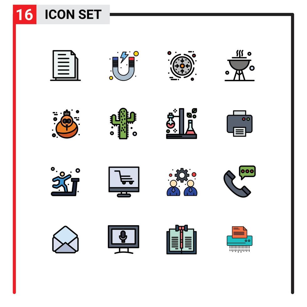 ensemble de pictogrammes de 16 lignes simples remplies de couleur plate de dîner cuisinier école barbecue traitement éléments de conception vectoriels créatifs modifiables vecteur