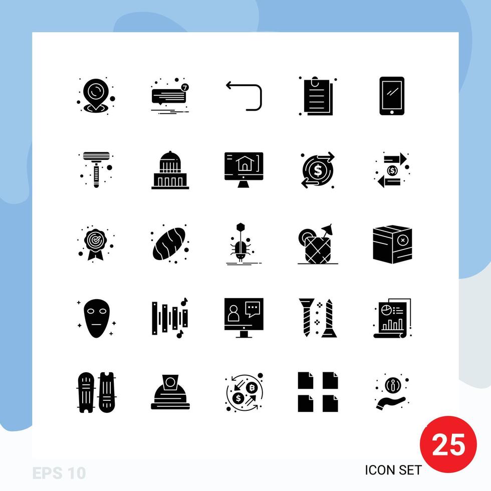 pack de glyphes solides de 25 symboles universels d'éléments de conception vectoriels modifiables de pièce jointe en ligne de l'interface utilisateur du téléphone vecteur
