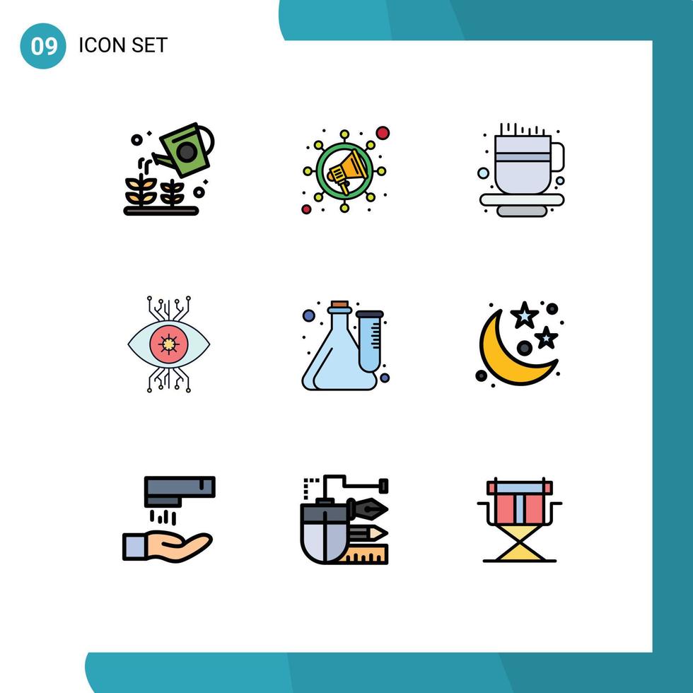 ensemble moderne de 9 pictogrammes de couleurs plates remplies d'éléments de conception vectoriels modifiables de surveillance des yeux de tasse de cube d'expérience vecteur