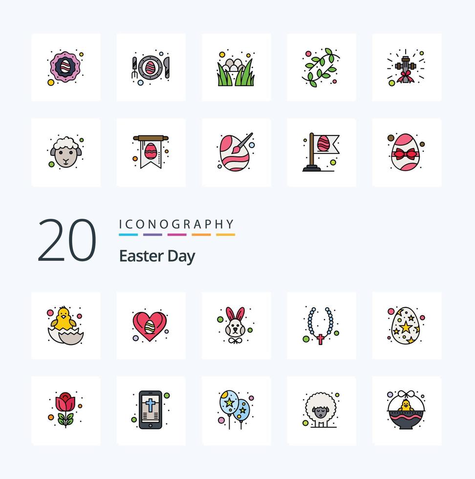 20 pack d'icônes de couleur remplies de lignes de pâques comme des bijoux d'oeufs un collier de croix d'animaux vecteur