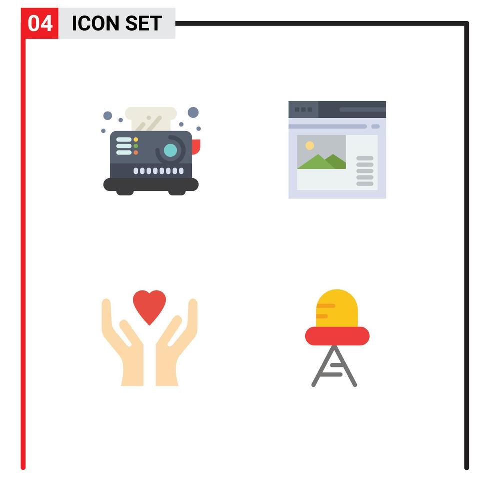 pack d'interface utilisateur de 4 icônes plates de base d'éléments de conception vectoriels modifiables de coeur de grille-pain de soins de petit déjeuner vecteur