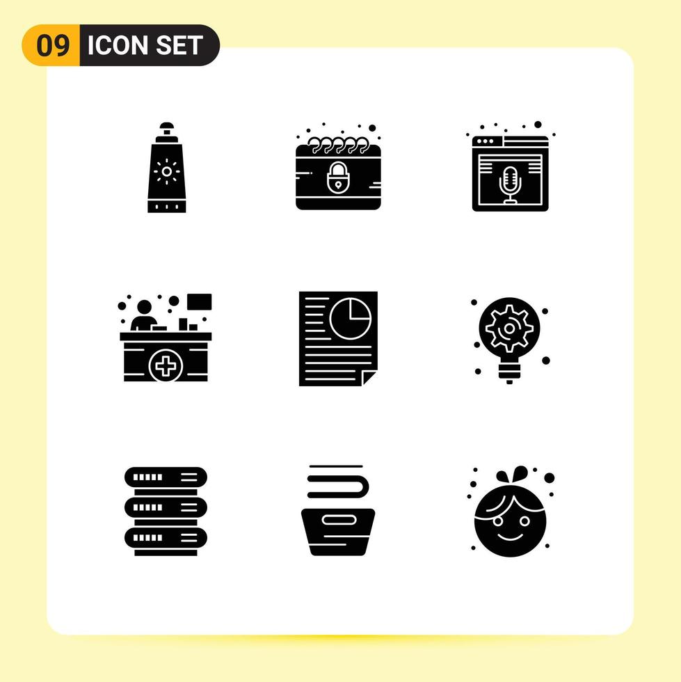9 glyphes solides vectoriels thématiques et symboles modifiables du compteur d'informations sur les documents microphone compteur de réception de l'hôpital éléments de conception vectoriels modifiables vecteur