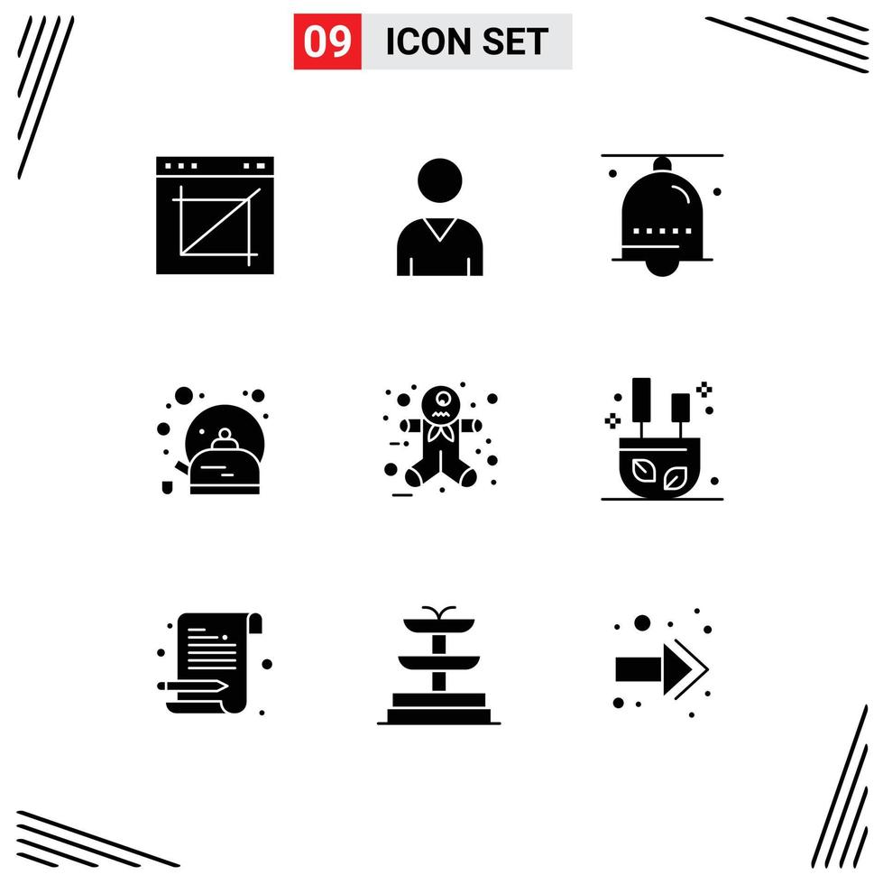 interface mobile ensemble de glyphes solides de 9 pictogrammes d'éléments de conception vectoriels modifiables d'anneau de pot d'alarme de thé au gingembre vecteur