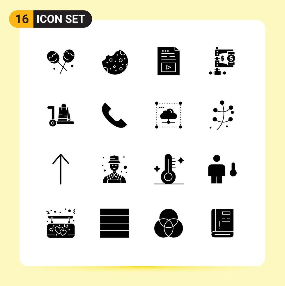 groupe de 16 signes et symboles de glyphes solides pour les éléments de conception vectoriels modifiables d'entreprise de revenu de fichier de marché de sac vecteur