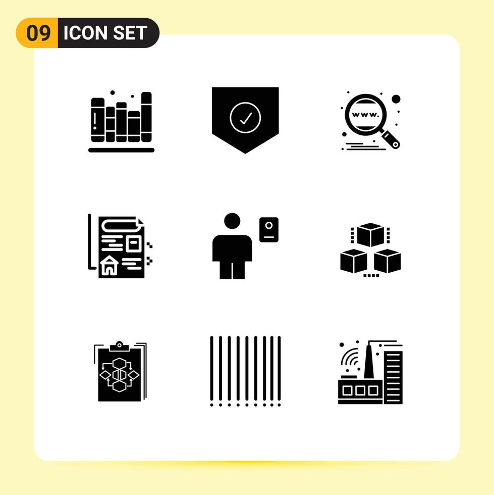 ensemble de 9 glyphes solides vectoriels sur la grille pour l'immobilier d'analyse corporelle éléments de conception vectoriels modifiables dans le monde entier vecteur