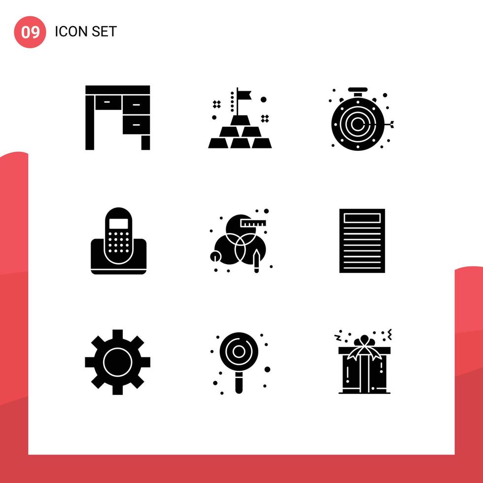 ensemble de 9 glyphes solides vectoriels sur la grille pour traiter les éléments de conception vectoriels modifiables de la communication de l'appareil cible du téléphone vecteur