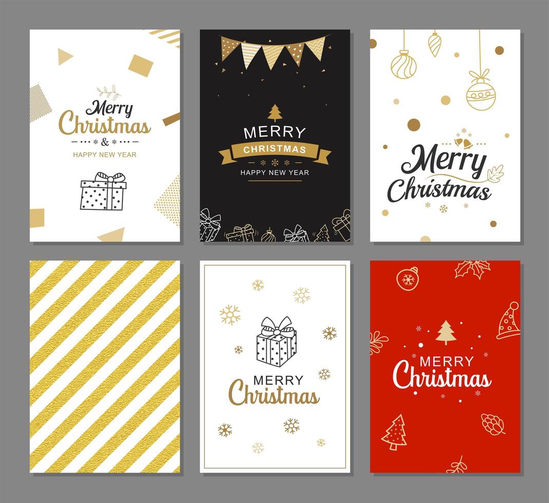 cartes de voeux joyeux Noël avec des modèles de décoration de luxe en or. ensemble d'affiches de vacances, tag, bannière, conception de carte postale. vecteur